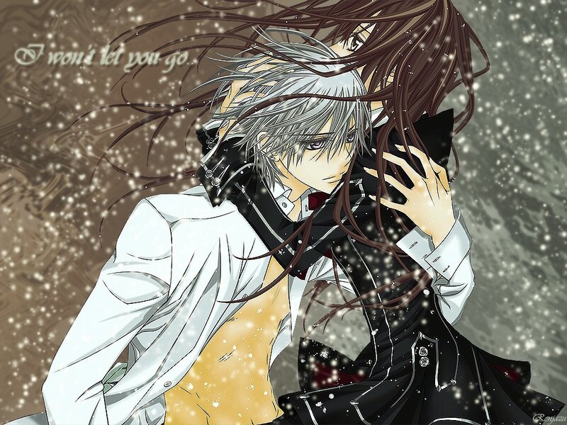 Two Anime Characters Embracing — Black, Dramatic, Winter