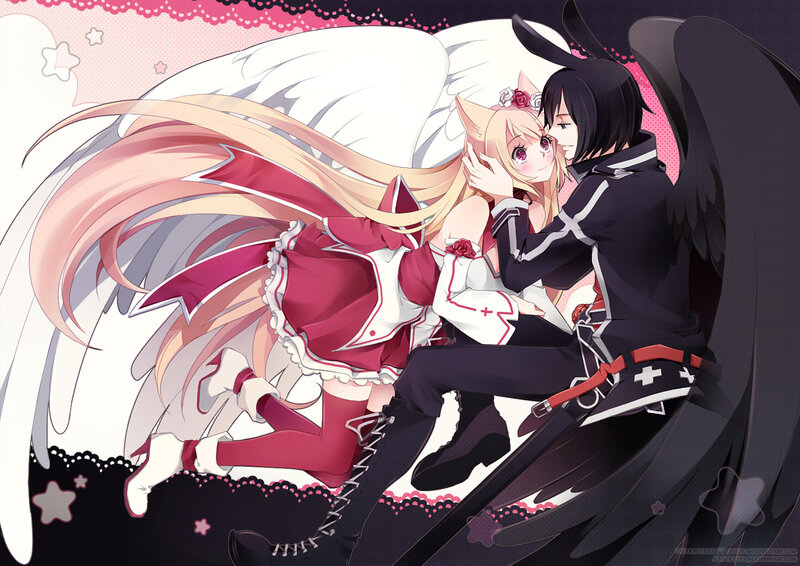 Two Anime Characters Embracing — Black, Romantic, Wings