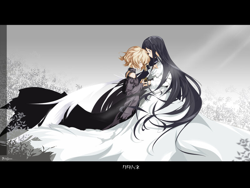 Two Anime Characters Embracing — Black