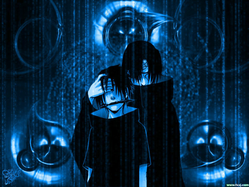 Two Anime Characters Embracing — Blue, Dramatic, Dark Cloak