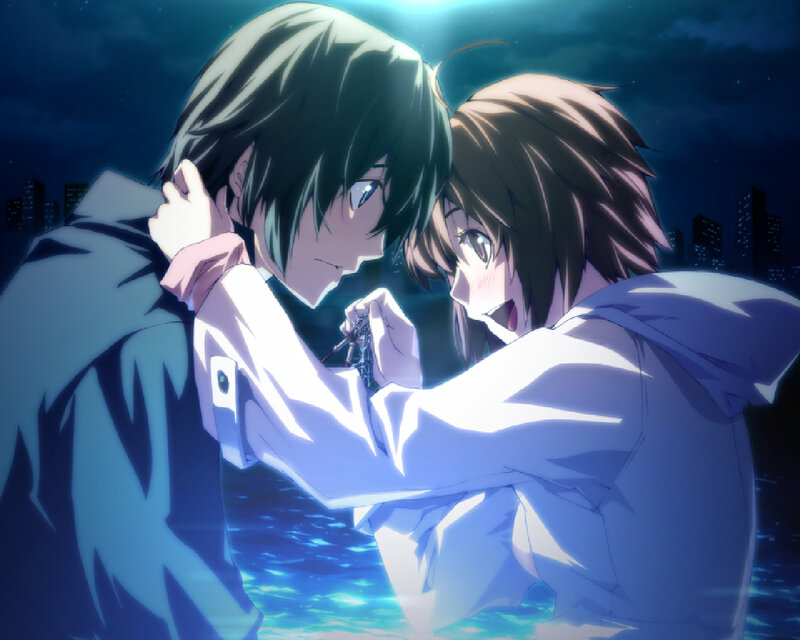 Two Anime Characters Embracing — Blue, Dramatic, Night, City Skyline
