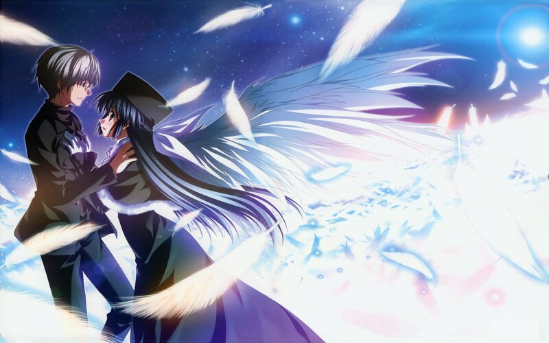 Two Anime Characters Embracing — Blue, Dramatic, Night, Feathers