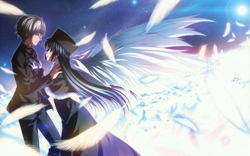 Two Anime Characters Embracing — Blue, Dramatic, Night, Feathers, Wings