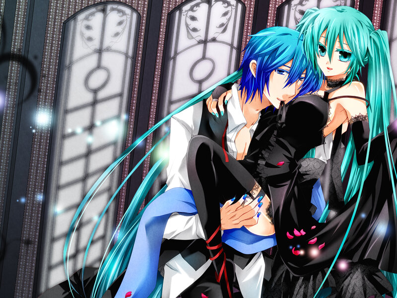 Two Anime Characters Embracing — Blue, Dramatic, Night, Long Hair, Black Dress