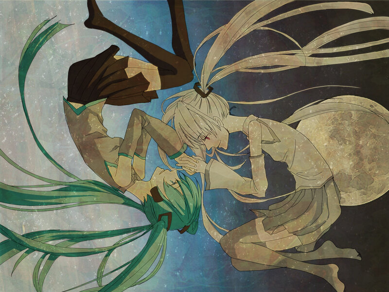 Two Anime Characters Embracing — Blue, Dramatic, Night, Long Hair