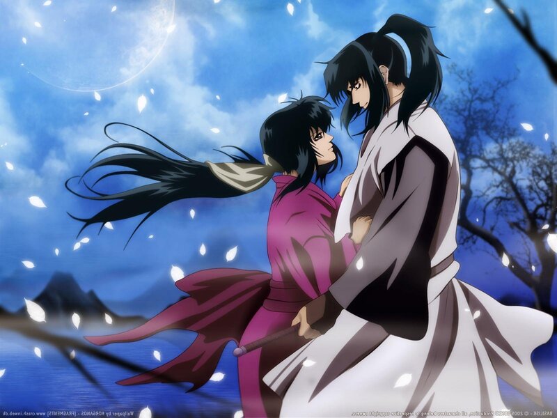 Two Anime Characters Embracing — Blue, Dramatic, Night, Moon