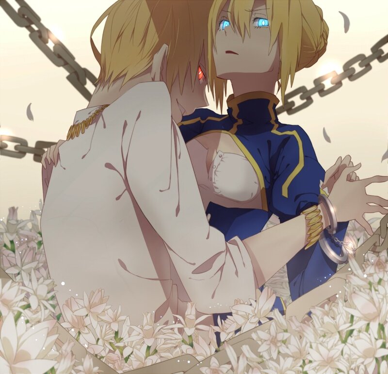 Two Anime Characters Embracing — Blue, Dramatic, Sunset