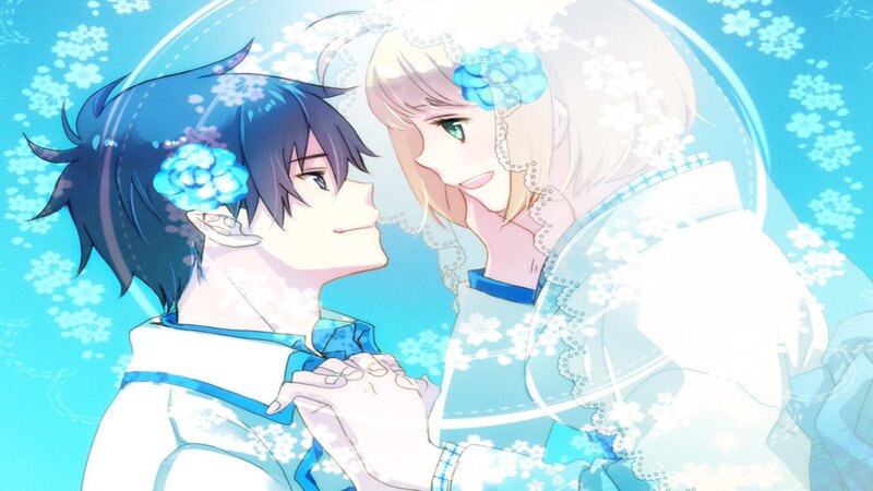 Two Anime Characters Embracing — Blue, Romantic, Spring