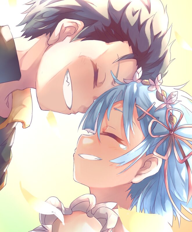 Two Anime Characters Embracing — Blue, Serene, Flowers