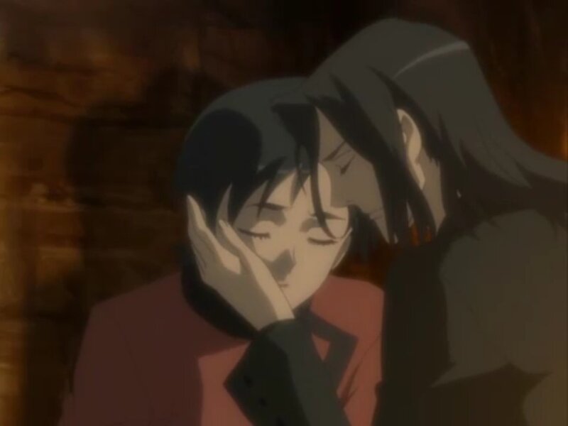 Two Anime Characters Embracing — Brown, Dramatic, Brick Wall