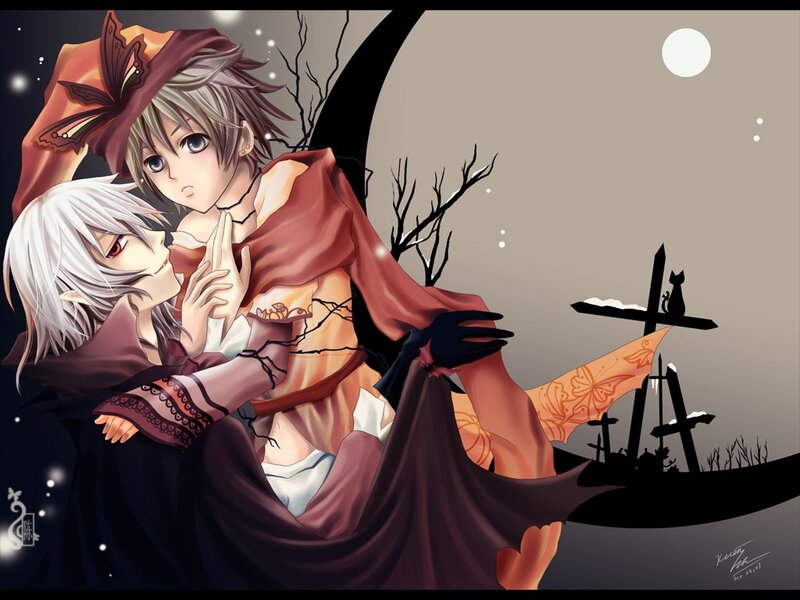 Two Anime Characters Embracing — Brown, Dramatic, Night