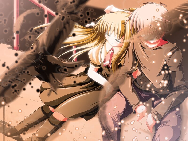 Two Anime Characters Embracing — Brown, Dramatic, School Uniforms