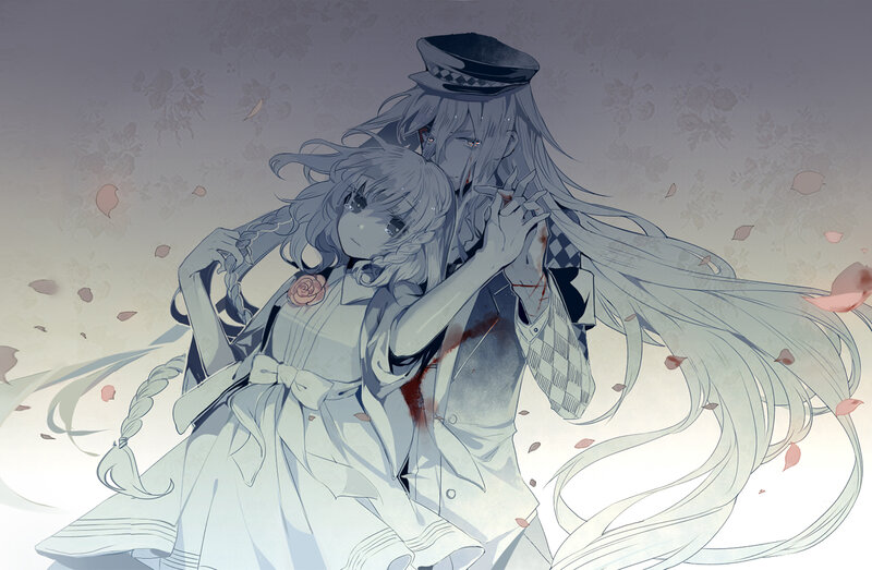 Two Anime Characters Embracing — Gray, Dramatic, Digital Art