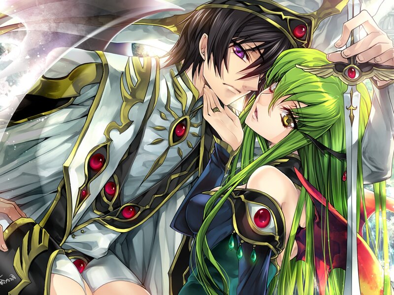 Two Anime Characters Embracing — Green, Dramatic