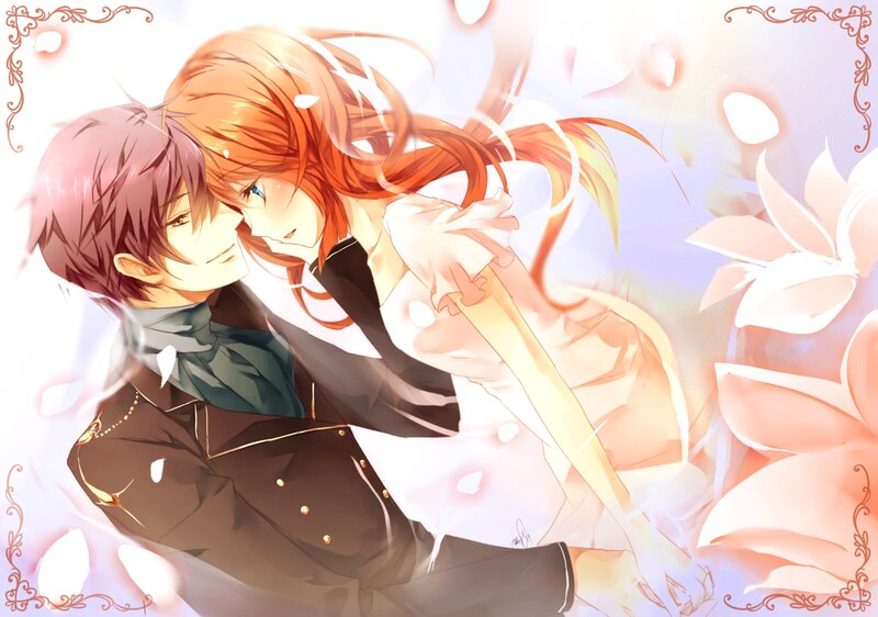 Two Anime Characters Embracing — Orange, Romantic, Flowers