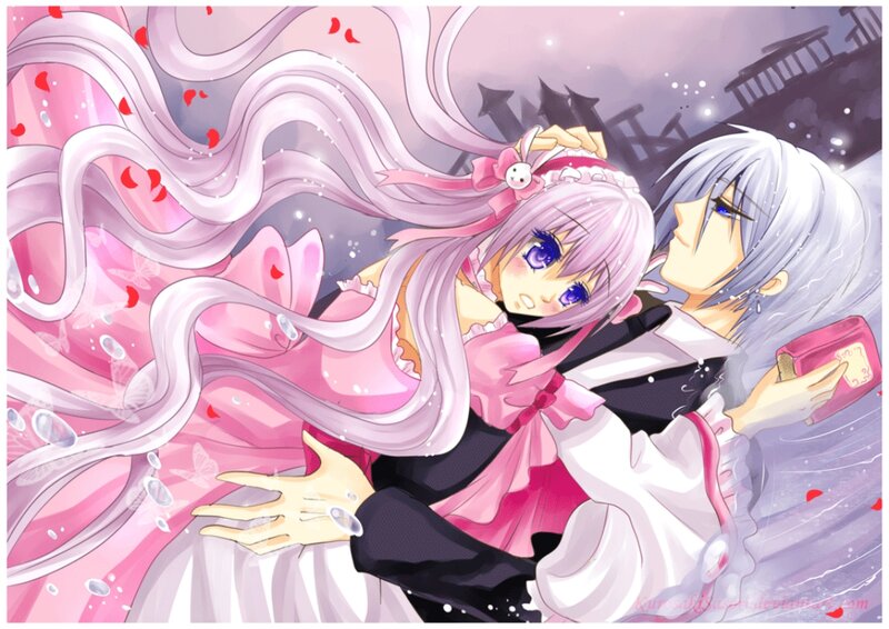 Two Anime Characters Embracing — Pink, Dramatic, Night