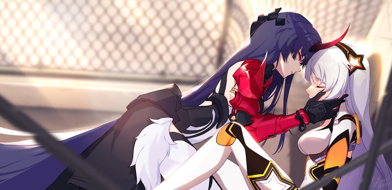 Two Anime Characters Embracing — Purple, Dramatic, Afternoon