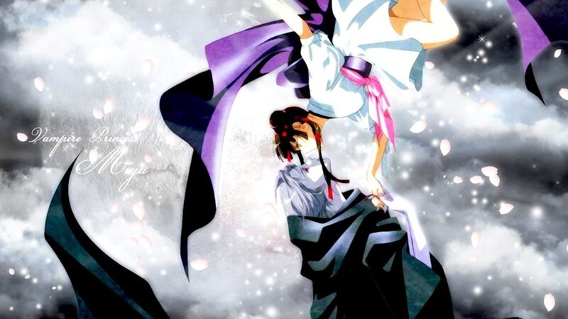 Two Anime Characters Embracing — Purple, Dramatic, Clouds