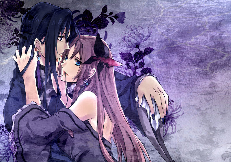Two Anime Characters Embracing — Purple, Dramatic, Flowers