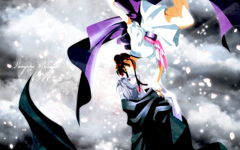 Two Anime Characters Embracing — Purple, Dramatic, Night, Cherry Blossoms