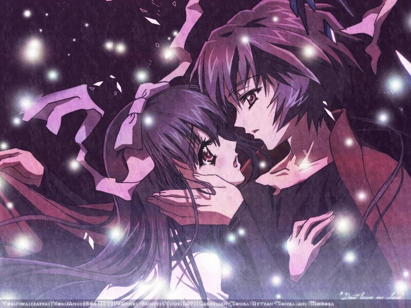 Two Anime Characters Embracing — Purple, Dramatic, Night, Stars