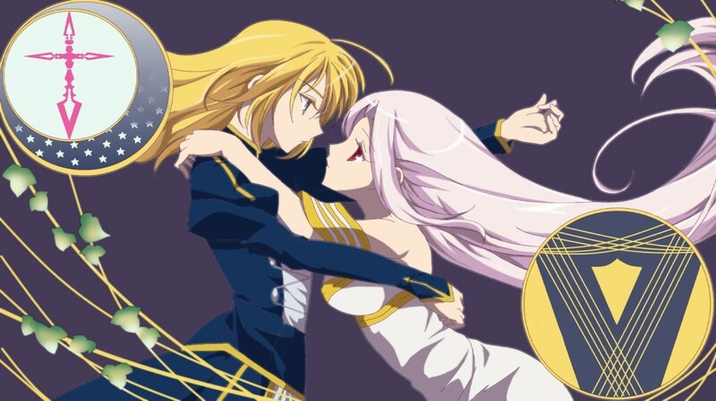 Two Anime Characters Embracing — Purple, Dramatic, Night, Symbols