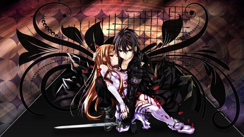 Two Anime Characters Embracing — Purple, Dramatic, Sword