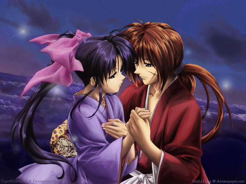 Two Anime Characters Embracing — Purple, Romantic, Night