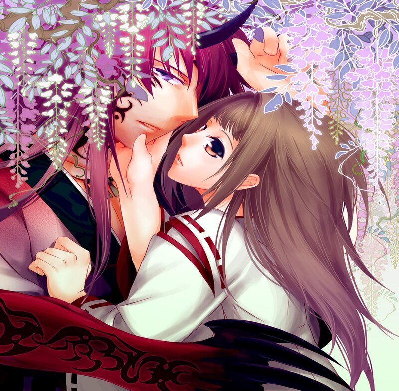 Two Anime Characters Embracing — Purple, Romantic, Spring