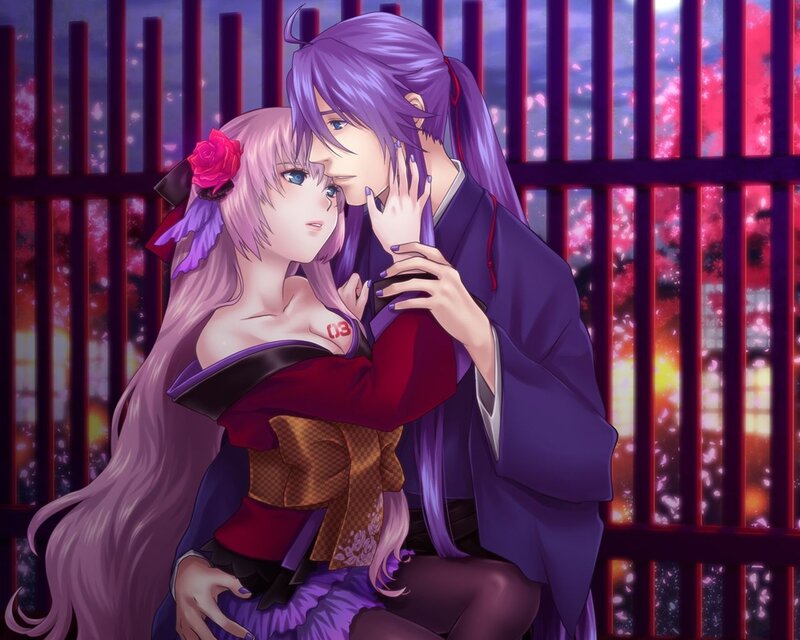 Two Anime Characters Embracing — Purple, Romantic