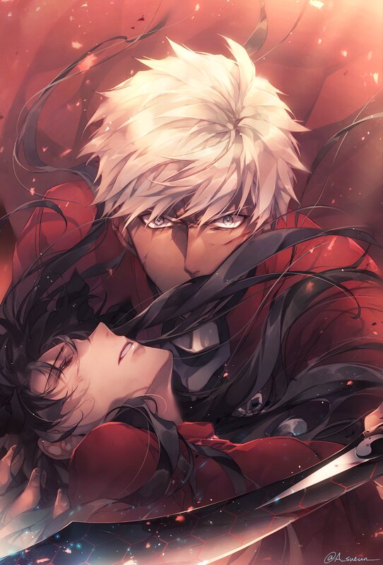 Two Anime Characters Embracing — Red, Dramatic, Digital Art, Sword