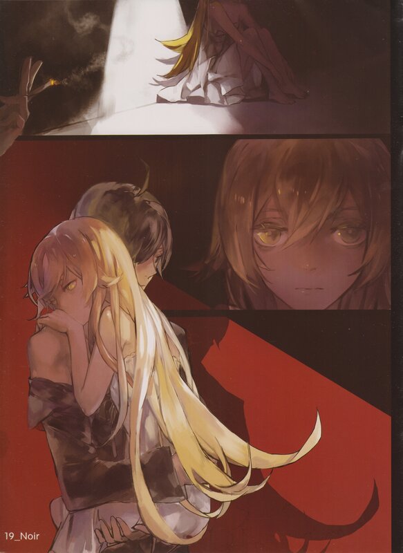 Two Anime Characters Embracing — Red, Dramatic, Long Blonde Hair