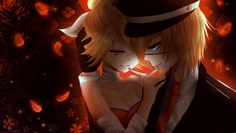 Two Anime Characters Embracing — Red, Dramatic, Night, Digital Art