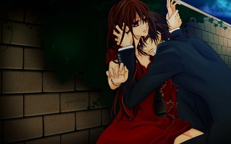 Two Anime Characters Embracing — Red, Dramatic, Night