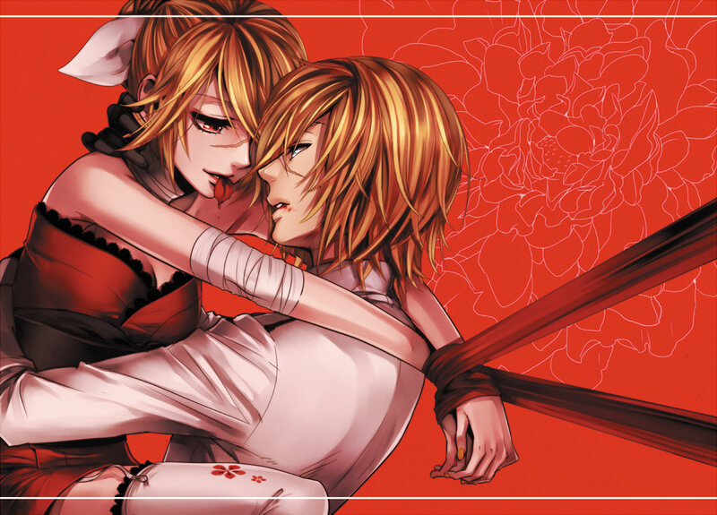 Two Anime Characters Embracing — Red, Dramatic, Red Background