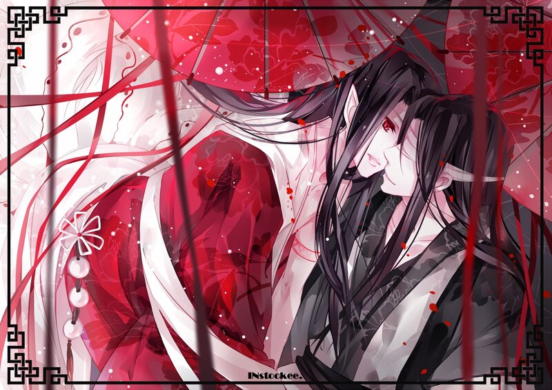 Two Anime Characters Embracing — Red, Dramatic, Red Umbrella