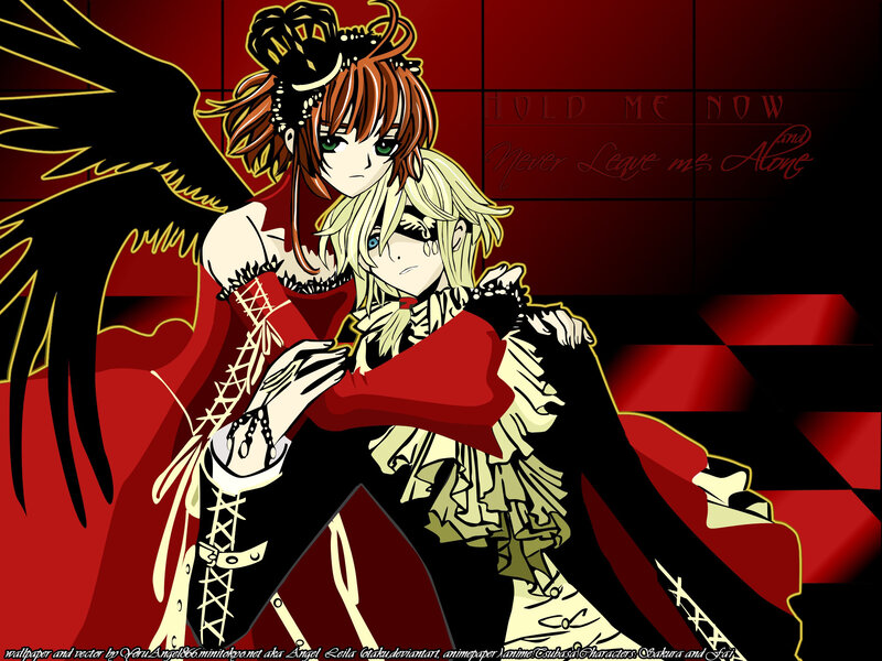 Two Anime Characters Embracing — Red, Dramatic, Wings