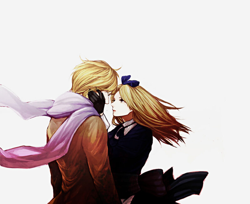 Two Anime Characters Embracing — White, Dramatic, Scarf