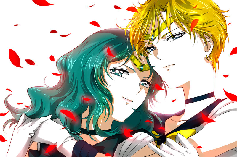 Two Anime Characters Embracing — White, Romantic, Rose Petals
