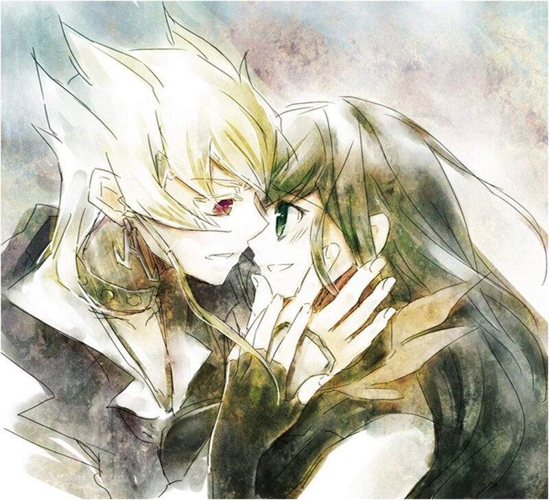 Two Anime Characters Embracing — White