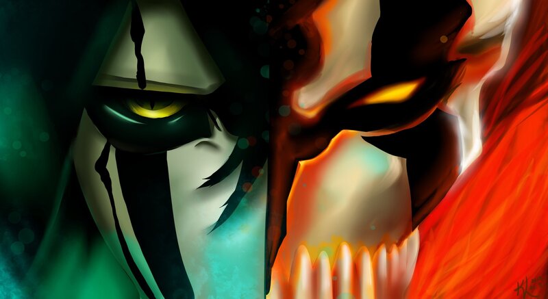 Two Anime Characters Facing — Black, Dramatic, Digital Art, Eyes, Skulls