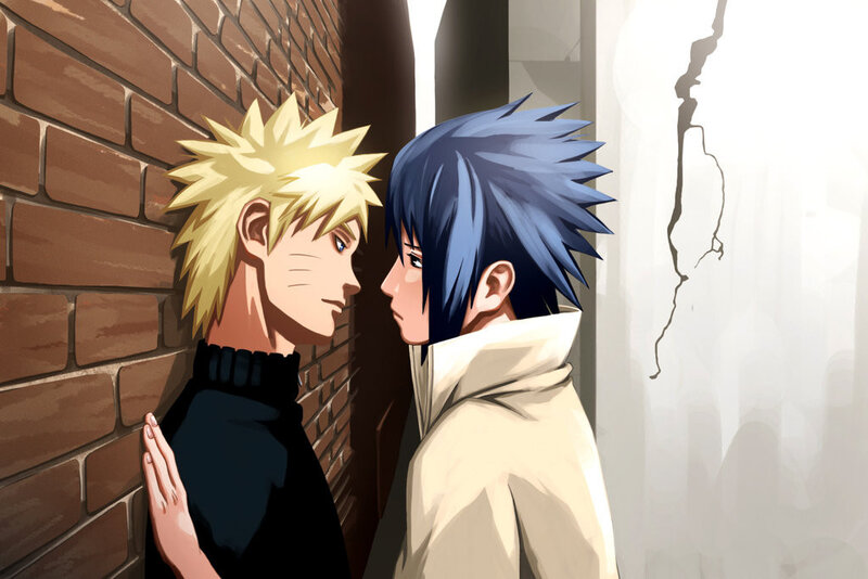 Two Anime Characters Facing — Blue, Dramatic, Brick Wall