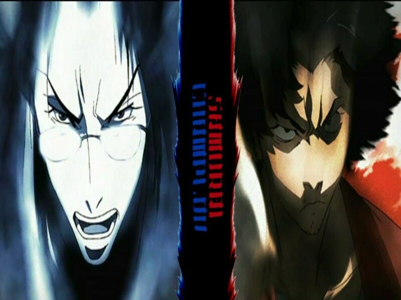 Two Anime Characters Facing Off — Black, Dramatic, Sword