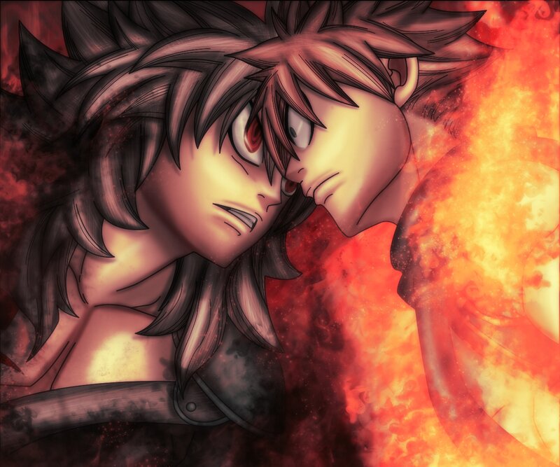 Two Anime Characters Facing — Red, Dramatic, Fire, Spiky Hair