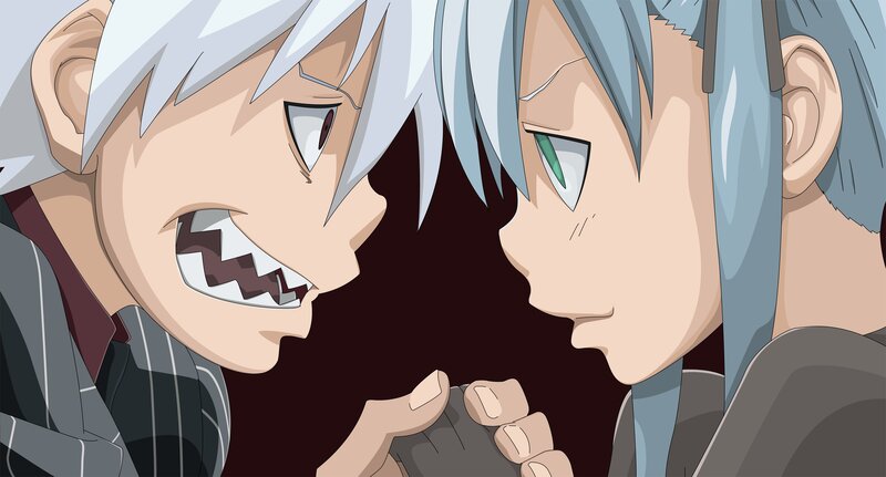 Two Anime Characters Facing — White, Dramatic