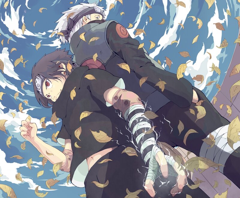 Two Anime Characters Falling — Blue, Dramatic, Autumn, Leaves