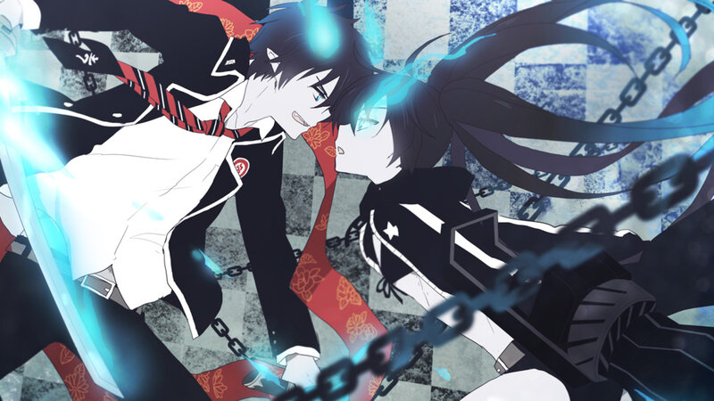 Two Anime Characters Fighting — Black, Dramatic, Chains, Energy Blades, School Uniforms