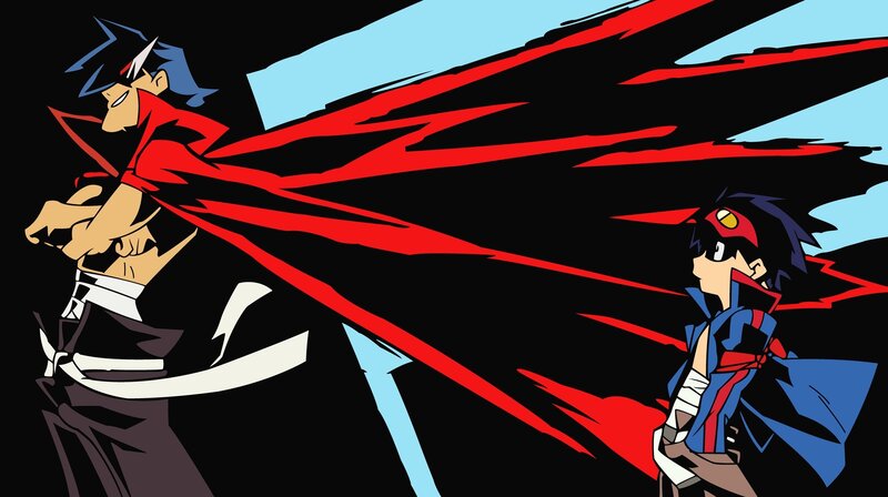 Two Anime Characters Fighting — Black, Dramatic, Red Cape