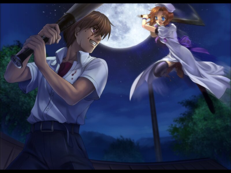 Two Anime Characters Fighting — Blue, Dramatic, Night, Baseball Bat