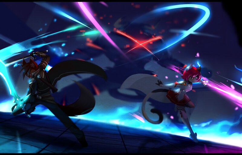 Two Anime Characters Fighting — Blue, Dramatic, Night, Digital Art, Swords